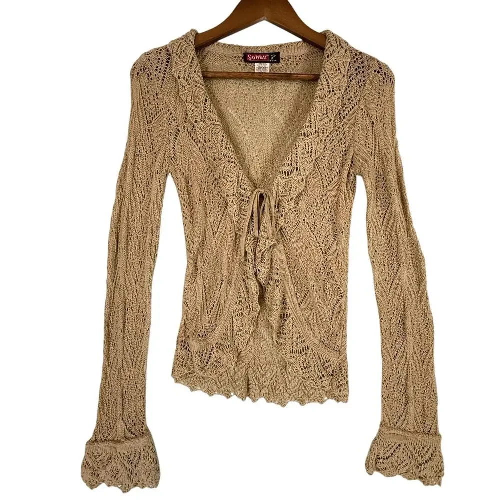 VTG Y2k Crochet Open Knit Tie Front Cardigan Wrapper SIZE MEDIUM Tan USA Ruffle - Picture 1 of 12